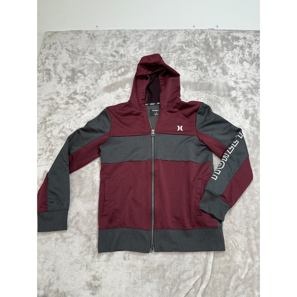 Hurley Full Zip Hoodie Boys Size L (14/16) H2O Dry Maroon Gray Colorblock EUC
